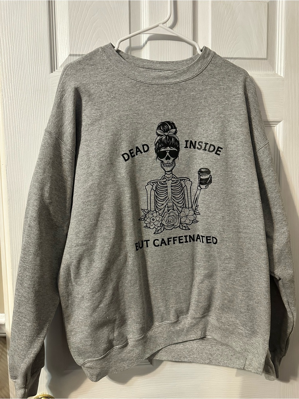 Hanes Gray Crewneck Sweatshirt with Black Skeleton & Coffee Graphic